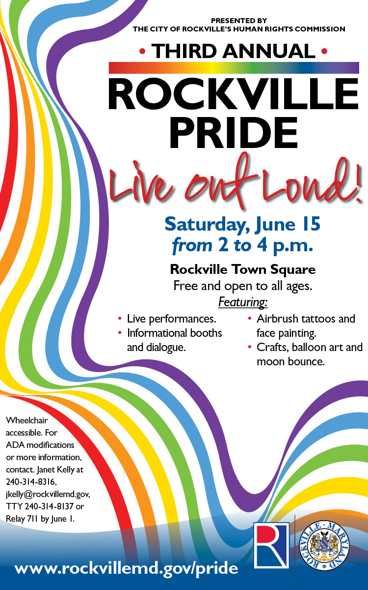 3rd Annual Rockville Pride Flyer with dates, location, rainbow design