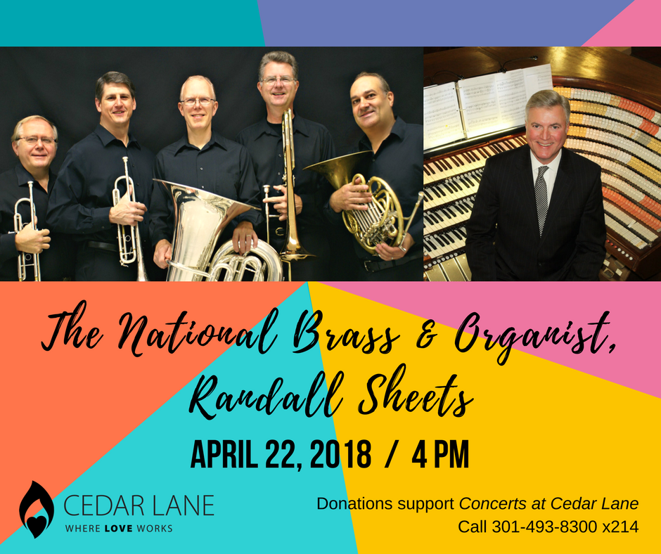 graphic for upcoming concert on 4.22.18 with The National Brass & Organist, Randall Sheets